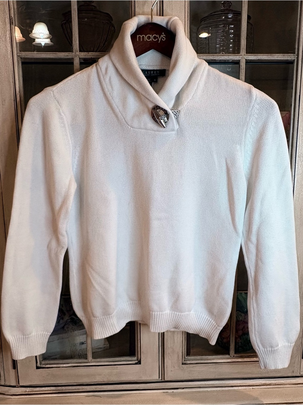 Ralph Lauren Off White Funnel Neck Sweater with Decorative Silver Toggle